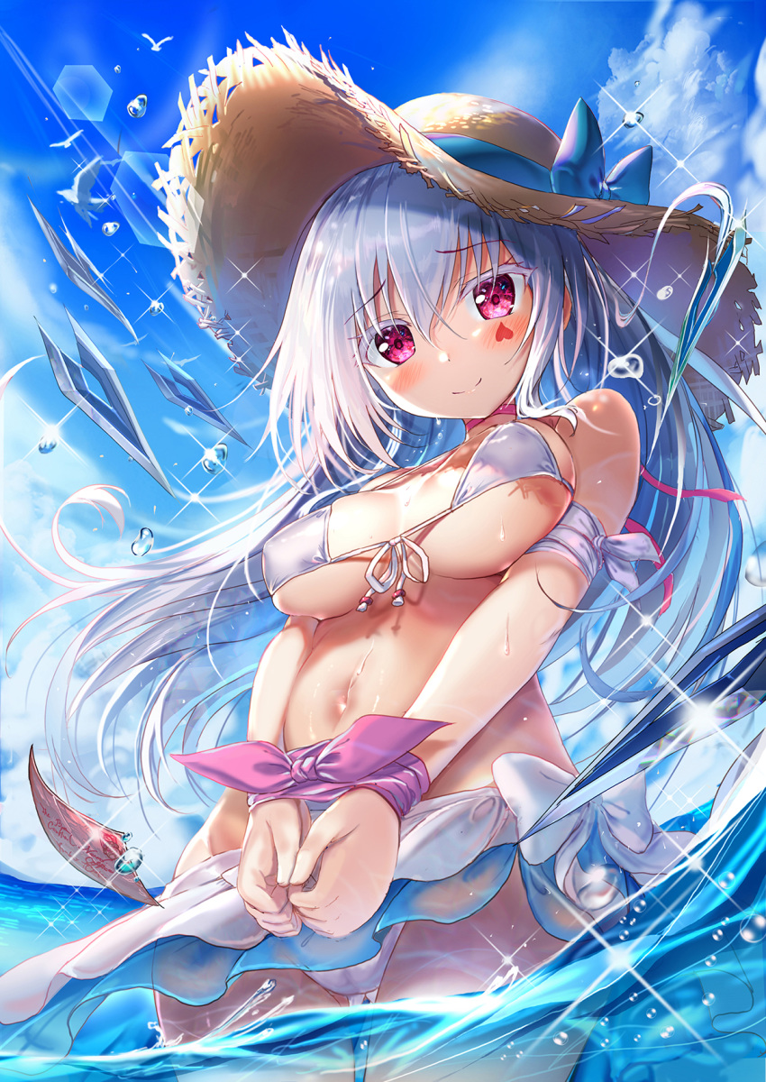 arm_ribbon bangs bare_shoulders bikini bikini_skirt bird blue_sky blush breasts character_request closed_mouth cloud covered_nipples day eyebrows_visible_through_hair facial_mark floating_hair front-tie_top groin hat heart highres long_hair navel neck_ribbon ocean pink_ribbon postcard ribbon sidelocks silver_hair sky smile sparkle splashing stomach sun_hat sunlight swimsuit very_long_hair wading water_drop wet white_bikini wind wixoss