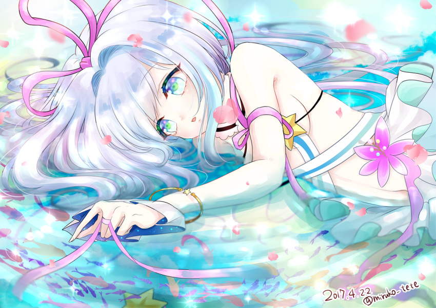 :o bangs blue_eyes bracelet breasts fish flower hair_between_eyes jewelry long_hair lying mana_(shironeko_project) miruko_tete multicolored multicolored_eyes navel on_side open_mouth pink_ribbon ribbon shironeko_project silver_hair skirt small_breasts solo sparkle_background stomach water