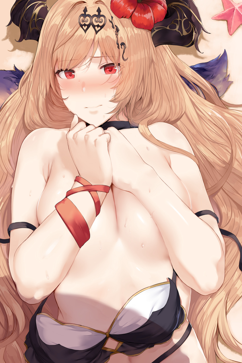 absurdres bangs bikini_top_removed blonde_hair blush bra bra_pull breasts choker closed_mouth covering covering_breasts dark_angel_olivia eyebrows_visible_through_hair eyes_visible_through_hair flower granblue_fantasy hair_flower hair_ornament heavy_breathing hews_hack highres horns huge_filesize large_breasts long_hair looking_at_viewer nose_blush paid_reward patreon_reward red_eyes shingeki_no_bahamut shiny shiny_skin smile solo starfish sweat topless underwear wings wristband