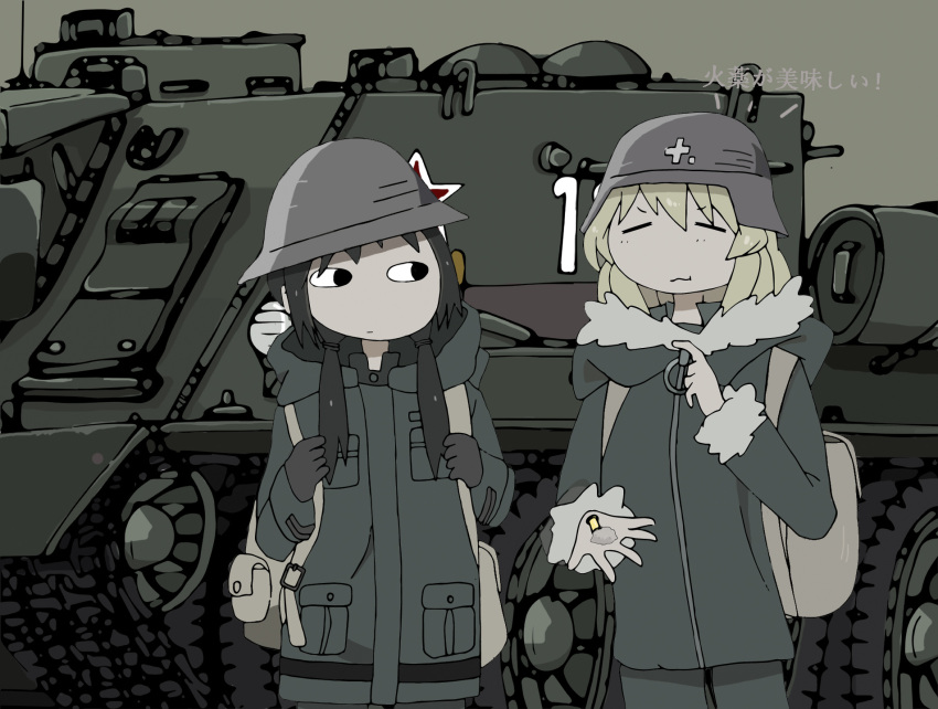 black_eyes black_hair blonde_hair caterpillar_tracks chito_(shoujo_shuumatsu_ryokou) commentary_request green_background ground_vehicle hat helmet highres military military_vehicle motor_vehicle multiple_girls shoujo_shuumatsu_ryokou stahlhelm su-100 tank tank_destroyer yuuri_(shoujo_shuumatsu_ryokou) yzyzz