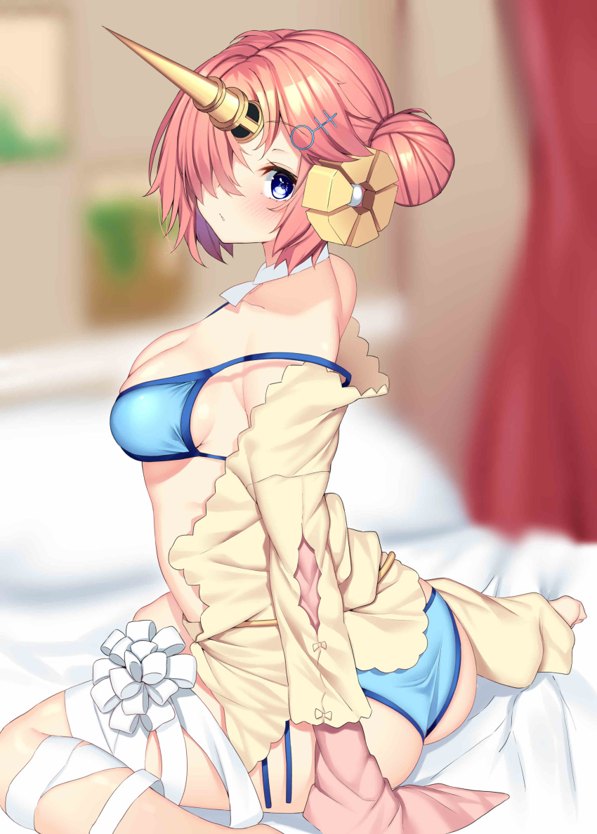 1girl absurdres ass bandage bandaged_leg bandages bangs bare_shoulders bikini blue_bikini blue_eyes blurry blurry_background blush breasts collarbone detached_sleeves double_bun fate/apocrypha fate/grand_order fate_(series) frankenstein's_monster_(fate) frankenstein's_monster_(swimsuit_saber)_(fate) hair_ornament hair_over_one_eye hairclip highres horn jacket nebusoku off_shoulder pink_hair single_detached_sleeve sitting small_breasts solo swimsuit thighs wariza yellow_jacket