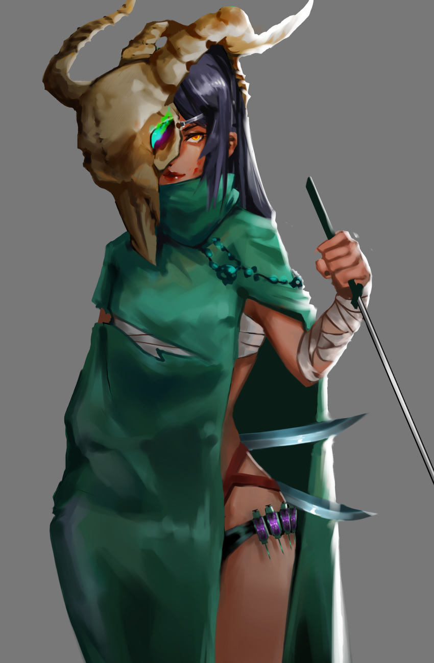 absurdres aushi bandaged_arm bandages black_hair blood blood_on_face brown_eyes cape clenched_hand dagger grey_background highres holding holding_dagger holding_weapon long_hair looking_at_viewer sarashi sketch skull_mask slay_the_spire smile solo standing syringe the_silent torn_cape weapon