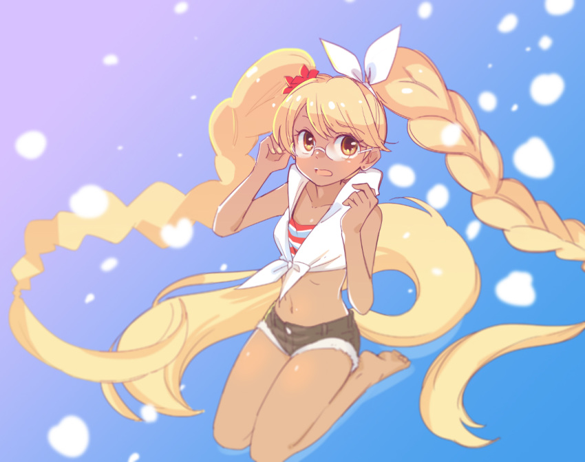 barefoot blonde_hair blue dark_skin glasses long_hair mijica retoree_(show_by_rock!!) shorts show_by_rock!! twintails yellow_eyes