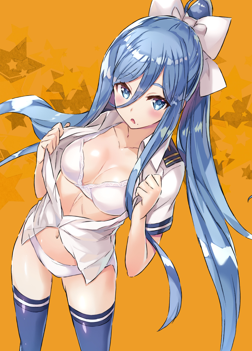 :o absurdres aoki_hagane_no_arpeggio blue_eyes blue_legwear blush bow bra breasts cleavage collarbone commentary_request eyebrows_visible_through_hair from_above hair_between_eyes hair_bow highres long_hair looking_at_viewer looking_up medium_breasts mole mole_under_mouth mutsumi_masato navel open_clothes open_mouth open_shirt orange_bow panties ponytail shiny shiny_hair shirt short_sleeves sidelocks solo star takao_(aoki_hagane_no_arpeggio) underwear undressing very_long_hair white_bra white_panties white_shirt