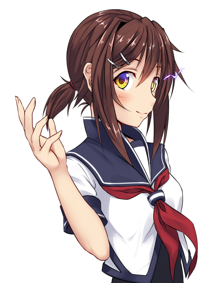 alternate_hairstyle blush breasts brown_hair closed_mouth commentary_request furutaka_(kantai_collection) glowing glowing_eye hair_ornament hairclip highres kantai_collection long_hair looking_at_viewer low_ponytail neckerchief noronosuke ponytail red_neckwear remodel_(kantai_collection) school_uniform short_sleeves sidelocks simple_background small_breasts smile solo white_background yellow_eyes