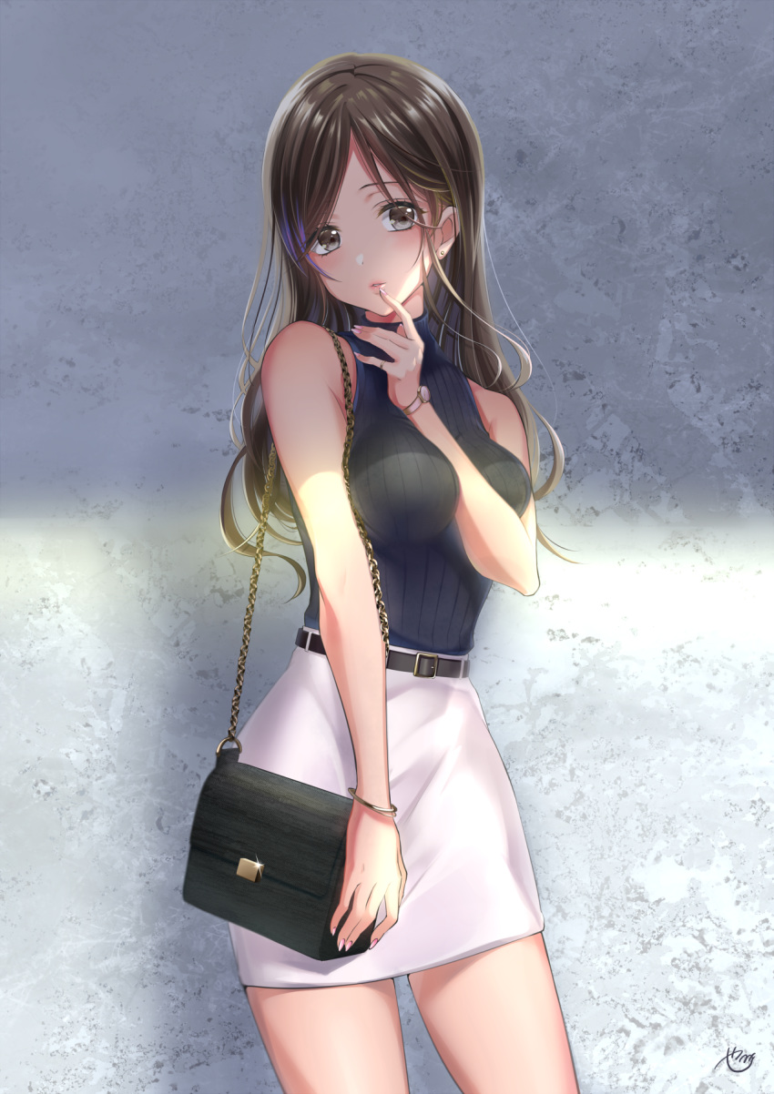 arm_between_breasts artist_name bag bangs bare_shoulders belt belt_buckle between_breasts bracelet breasts brown_eyes brown_hair buckle chain check_commentary commentary_request contrapposto cowboy_shot earrings finger_to_mouth glint hand_between_breasts hand_up handbag head_tilt highres jewelry lips long_hair looking_at_viewer medium_breasts multicolored_hair nail_polish original parted_bangs parted_lips pencil_skirt pink_nails ribbed_sweater ring shade shoulder_bag signature skirt sleeveless sleeveless_turtleneck solo standing sweater turtleneck turtleneck_sweater watch white_skirt wristwatch yache