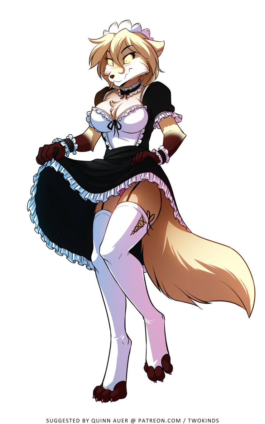 2018 4_toes 5_fingers angry anthro blue_and_white blush breasts brown_fur canine chest_tuft choker cleavage clothed clothing clothing_lift clovis_(twokinds) curtsey curtsy digitigrade embarrassed female fox frilly fur garter_straps gloves_(marking) hi_res hybrid keidran lace legwear maid_uniform mammal markings monochrome one_leg_up panties panty_shot simple_background skirt skirt_lift socks_(marking) standing stockings tan_fur thigh_highs toes tom_fischbach tuft twokinds underwear uniform webcomic white_background white_fur wolf yellow_sclera