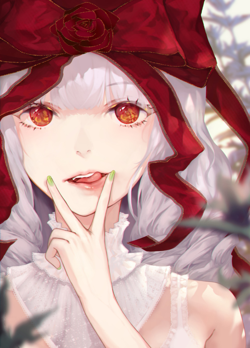 bangs blush bow close-up commentary detached_collar fingernails hair_between_eyes hair_bow highres jname large_bow licking_lips lips long_hair looking_at_viewer nail_polish open_mouth original red_eyes silver_hair solo symbol_commentary teeth tongue tongue_out upper_body