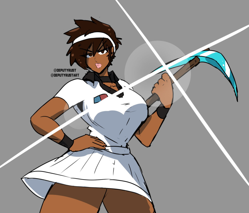 1girl artist_name breasts brown_hair dark_skin deputy_rust diamond_pickaxe english_commentary grey_background hand_on_hip highres holding_pickaxe large_breasts looking_to_the_side minecraft shiny short_hair skirt solo sportswear super_smash_bros. tennis_uniform thick_lips white_skirt