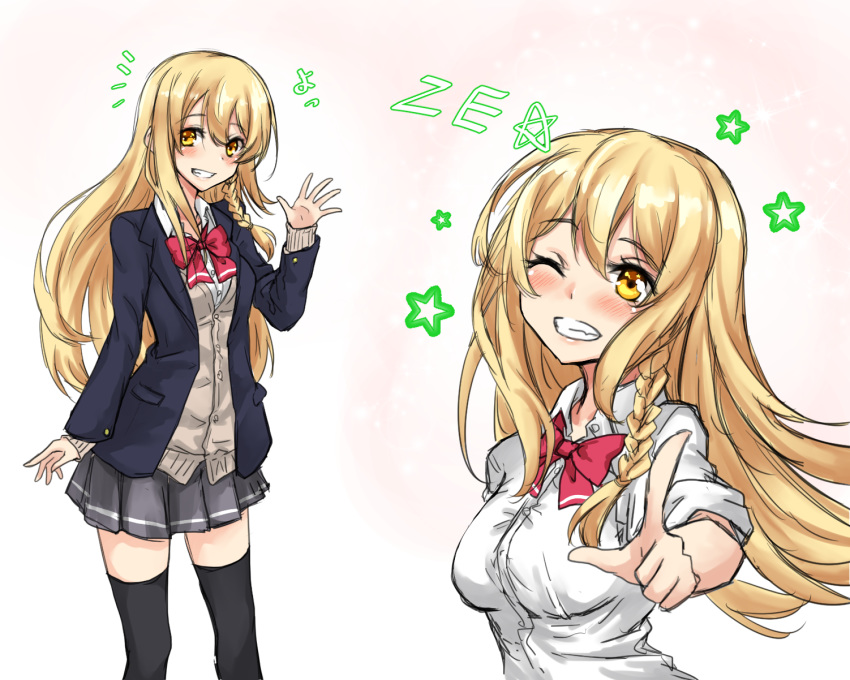 alternate_costume amagi_(amagi626) beige_sweater black_jacket black_legwear blonde_hair blush bow bowtie braid breasts commentary_request contemporary eyebrows_visible_through_hair fang feet_out_of_frame grey_skirt grin hair_between_eyes hand_up highres jacket kirisame_marisa long_hair long_sleeves looking_at_viewer medium_breasts miniskirt multiple_views no_hat no_headwear one_eye_closed pointing pointing_at_viewer red_bow red_neckwear school_uniform shirt short_sleeves simple_background single_braid single_sidelock skirt smile standing star sweater thighhighs thighs touhou translation_request upper_body white_background white_shirt wing_collar yellow_eyes ze_(phrase) zettai_ryouiki