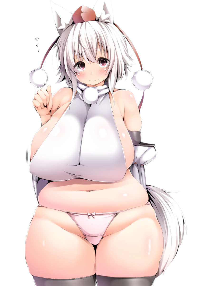 2019 animal_humanoid armwear big_breasts blush breasts canine canine_humanoid clothed clothing cute_fangs elbow_gloves female fluffy fluffy_tail fur gloves hair hands_behind_back hat hi_res humanoid legwear looking_at_viewer mammal navel pink_eyes shishi_juuroku simple_background slightly_chubby smile solo thigh_highs touhou white_background white_fur white_hair wolf_humanoid