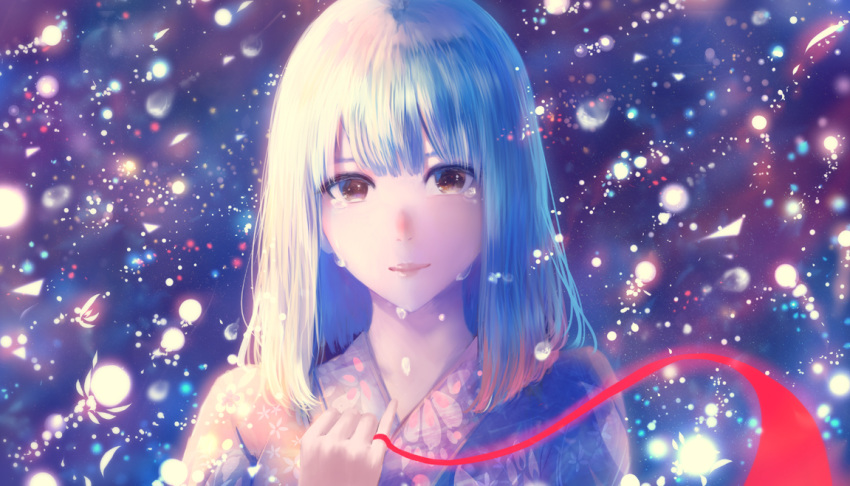 blue_hair blurry brown_eyes colorful commentary crying hand_on_own_chest japanese_clothes kimono light_particles lips long_hair looking_at_viewer original pov red_string sakimori_(hououbds) solo string teardrop tears upper_body