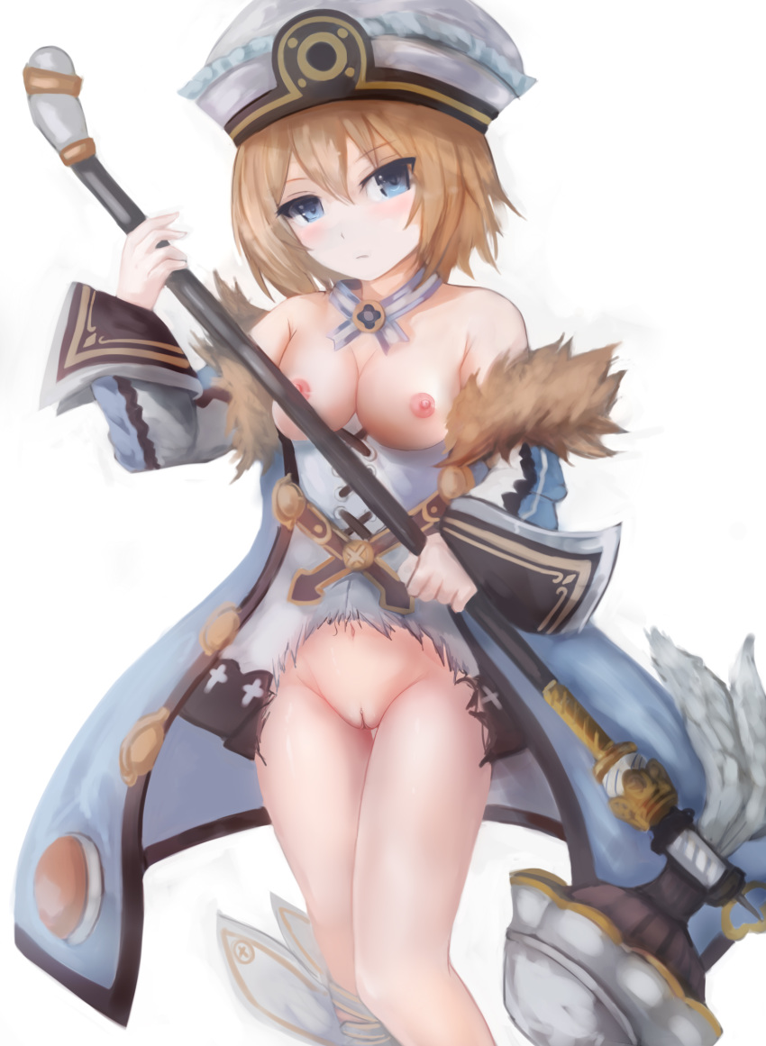 1girl bare_legs bare_shoulders blanc blue_eyes blush breasts brown_hair cleavage coat dress frown fur_trim hair_between_eyes hat holding holding_hammer holding_weapon looking_at_viewer neptune_(series) nipples pussy short_hair simple_background small_breasts solo spaghetti_strap suterisu weapon white_background white_dress