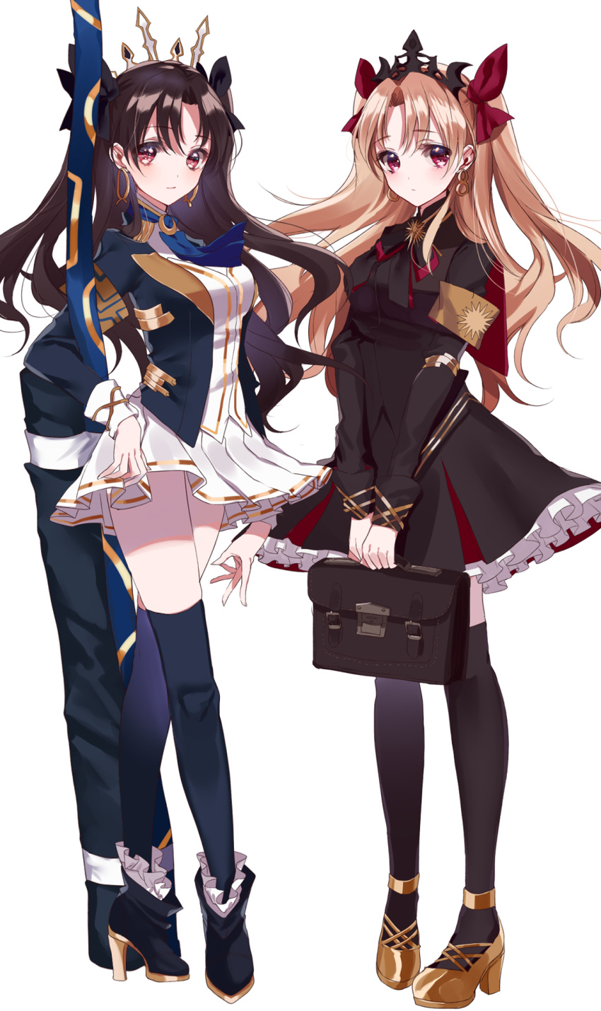 armband ascot bag bangs black_dress black_footwear black_ribbon blonde_hair blue_neckwear blush boots breasts brown_hair brown_legwear closed_mouth commentary_request dress earrings ereshkigal_(fate/grand_order) eyebrows_visible_through_hair fashion fate/grand_order fate_(series) full_body gold_footwear gold_trim hair_between_eyes hair_ribbon high_heel_boots high_heels highres holding holding_bag hoop_earrings infinity ishtar_(fate/grand_order) jacket jewelry large_breasts long_hair long_sleeves looking_at_viewer medium_breasts misumi_(macaroni) multiple_girls navy_blue_jacket navy_blue_legwear open_clothes open_jacket parted_bangs pleated_dress pleated_skirt red_eyes red_ribbon ribbon school_briefcase shirt shoes simple_background skirt standing thighhighs tiara two_side_up v_arms very_long_hair white_background white_shirt white_skirt