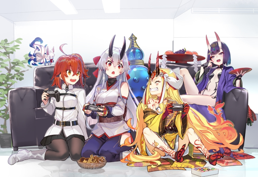 :d ahoge bangs barefoot belt black_legwear black_skirt blonde_hair bob_cut boots bottle breasts candy chaldea_uniform checkerboard_cookie choker closed_eyes commentary_request controller cookie couch creature cup d: detached_sleeves eyebrows_visible_through_hair eyelashes facial_mark fangs fate/grand_order fate_(series) fingernails food forehead_mark fou_(fate/grand_order) fruit fujimaru_ritsuka_(female) game_controller gamepad grapes grin hair_ornament hair_ribbon hair_scrunchie holding holding_cup horns ibaraki_douji_(fate/grand_order) indoors jacket japanese_clothes kimono knee_up long_hair long_sleeves looking_at_another looking_at_viewer medium_breasts multiple_girls navel obi oni oni_horns open_mouth orange_hair pants pantyhose peach plant playing_games playstation_controller pleated_skirt potted_plant print_kimono purple_eyes purple_hair red_eyes revealing_clothes ribbon sakazuki sash scrunchie seiza sharp_fingernails sharp_teeth shirabi short_hair shuten_douji_(fate/grand_order) side_ponytail sitting skirt small_breasts smile tattoo teeth tomoe_gozen_(fate/grand_order) uniform v-shaped_eyebrows very_long_hair wariza white_footwear white_hair white_jacket yellow_eyes