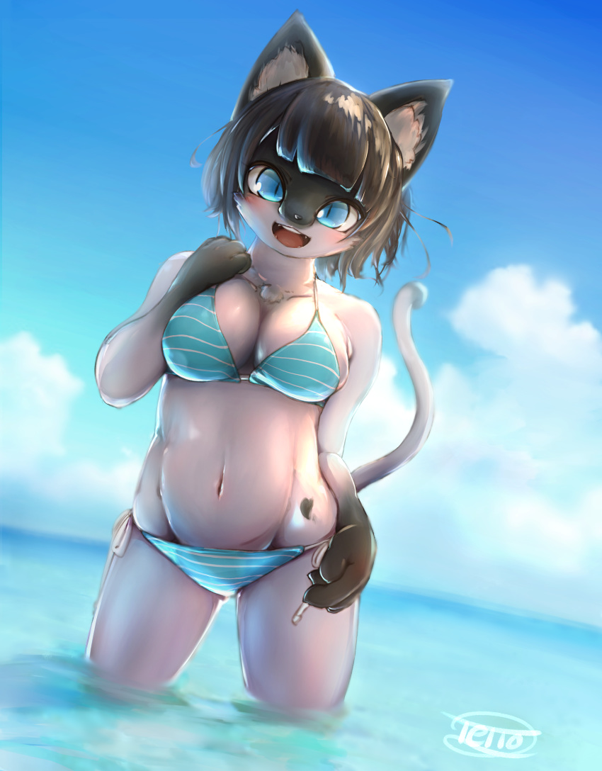 &lt;3_marking 2018 anthro bikini black_hair blue_eyes blue_sky blush breasts cat cheek_tuft chest_tuft cleavage clothed clothing dutch_angle feline female front_view fur gloves_(marking) grey_fur hair happy hi_res inner_ear_fluff looking_at_viewer low-angle_view mammal markings navel open_mouth outside partially_submerged portrait seaside short_hair sky slit_pupils solo string_bikini swimsuit tetto three-quarter_portrait tuft water
