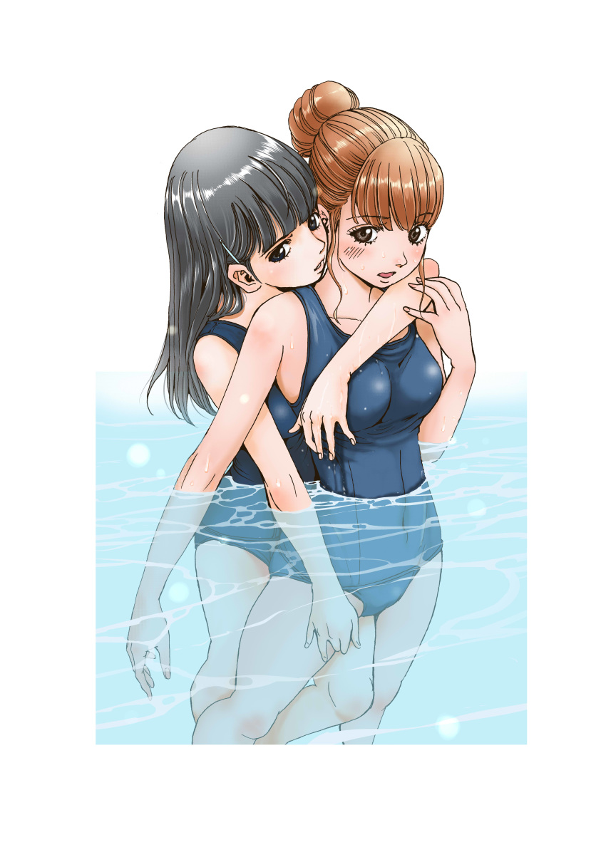 absurdres arm_over_shoulder bangs black_hair blue_eyes blue_swimsuit blunt_bangs blush border breasts brown_hair cameltoe caustics collarbone covered_navel dripping hair_bun hair_ornament hairclip hand_on_another's_thigh hand_up highres hug hug_from_behind katayama_makoto leg_between_thighs long_hair looking_at_viewer multiple_girls nib_pen_(medium) old_school_swimsuit one-piece_swimsuit open_mouth original parted_lips partially_submerged school_swimsuit sidelocks small_breasts standing swimsuit traditional_media water wet yuri
