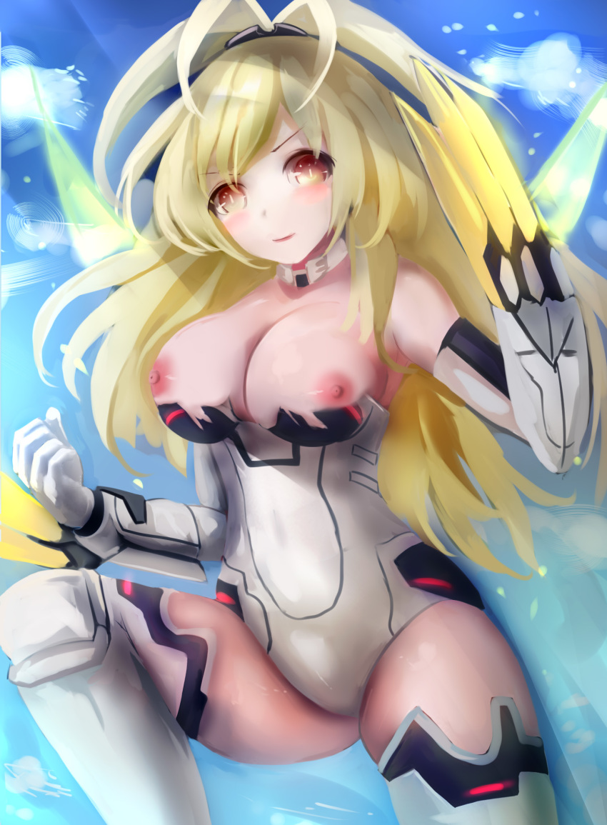 1girl bare_shoulders blonde_hair blush breasts claws collar elbow_gloves eyebrows_visible_through_hair gloves kami_jigen_game_neptune_v large_breasts leotard long_hair neptune_(series) nipples orange_eyes power_symbol solo suterisu symbol-shaped_pupils thighhighs yellow_heart