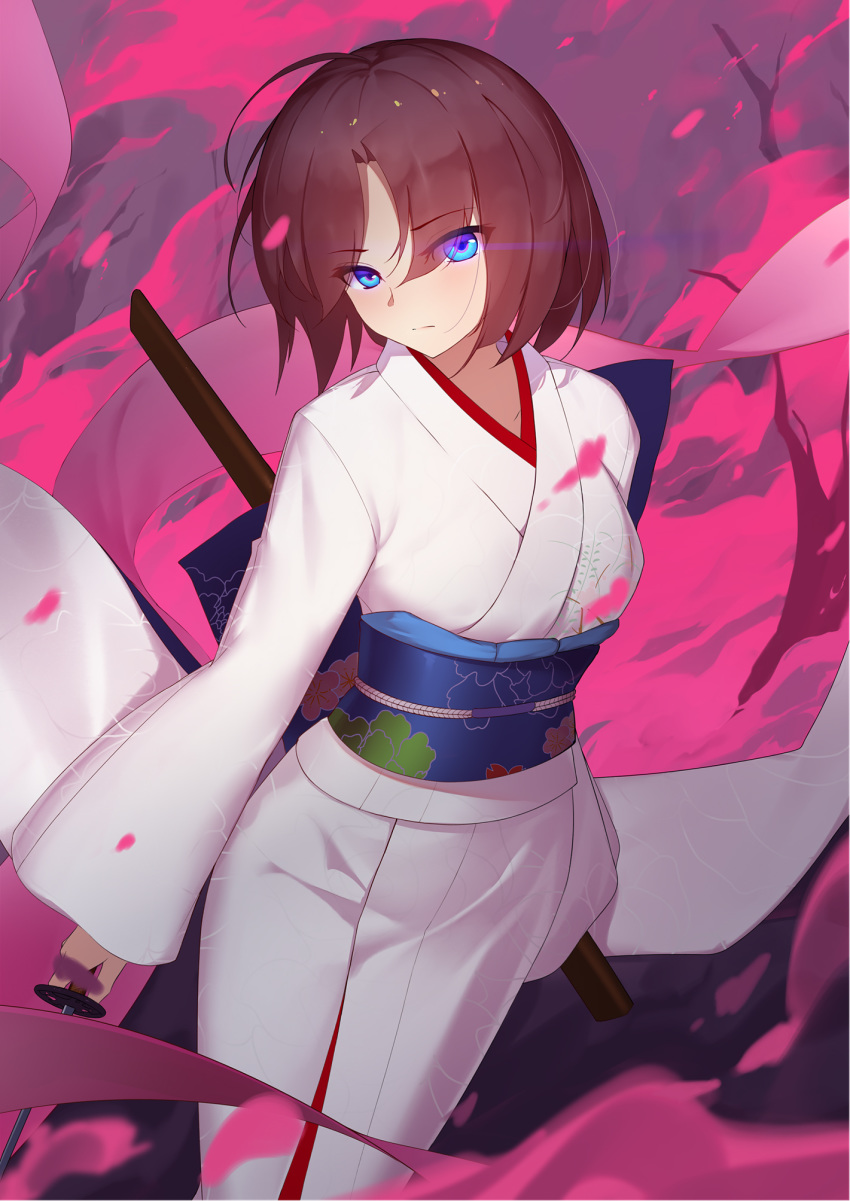 1girl aura black_hair blue_eyes cherry_blossoms eyebrows_visible_through_hair eyes_visible_through_hair floral_print glowing glowing_eyes highres japanese_clothes kara_no_kyoukai kimono langya_beike looking_at_viewer obi petals ryougi_shiki sash scabbard serious sheath short_hair standing sword tree weapon white_kimono wide_sleeves