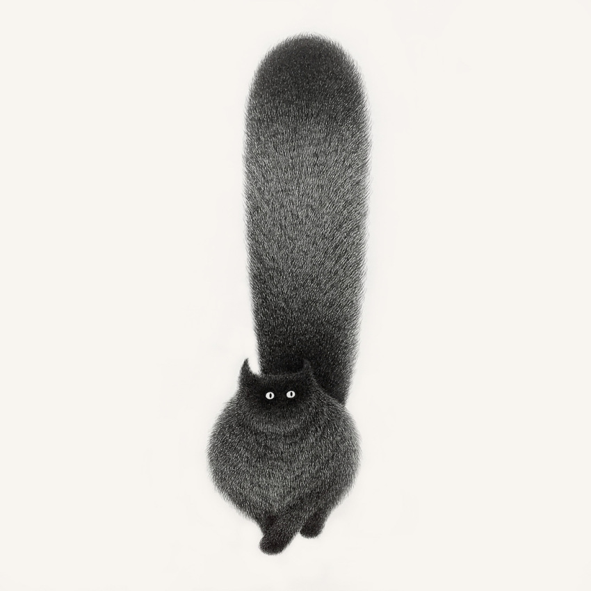 animal cat cat_focus fluffy grey_background greyscale kamwei_fong looking_at_viewer monochrome no_humans original simple_background solo tail_raised
