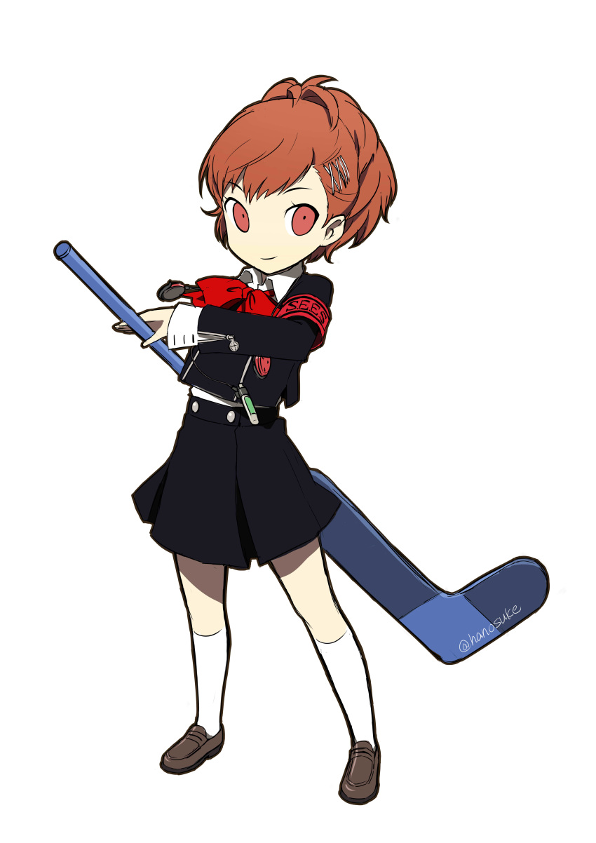 absurdres commentary_request digital_media_player female_protagonist_(persona_3) hanosuke headphones highres hockey_stick official_style persona persona_3 persona_3_portable persona_q2:_new_cinema_labyrinth persona_q_(series) red_eyes red_hair school_uniform solo