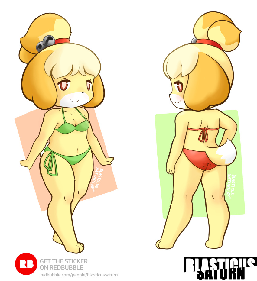 animal_crossing bikini blasticussaturn breasts butt canine cleavage clothed clothing cute female isabelle_(animal_crossing) looking_at_viewer looking_back mammal nintendo redbubble simple_background smile swimsuit video_games