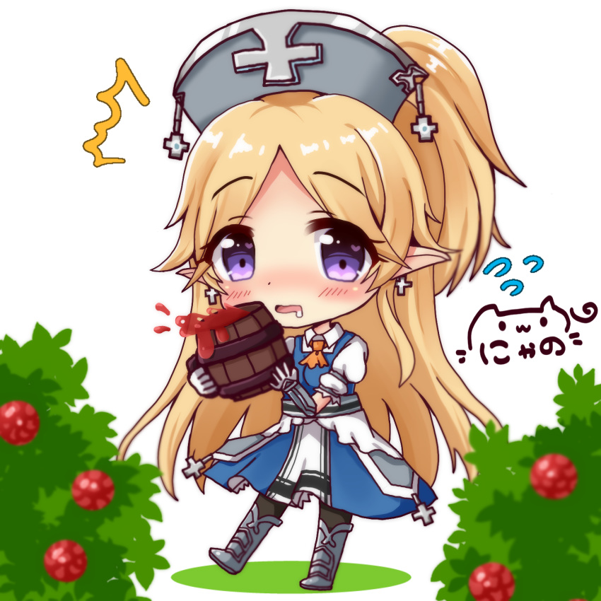 1girl armored_boots ascot ayase_yukari bangs berries black_legwear blonde_hair blue_dress blurry blurry_foreground blush boots bush chibi collared_shirt commentary_request cross cross_earrings cup depth_of_field dress drink drooling earrings elbow_gloves elf eyebrows_visible_through_hair gloves hat heart high_ponytail highres holding holding_cup jewelry knee_boots long_hair nurse_cap nyano21 orange_neckwear pantyhose parted_bangs parted_lips pointy_ears ponytail princess_connect! princess_connect!_re:dive puffy_short_sleeves puffy_sleeves purple_eyes saliva shirt short_sleeves signature sleeveless sleeveless_dress solo spilling standing standing_on_one_leg tankard vambraces very_long_hair white_background white_gloves white_shirt