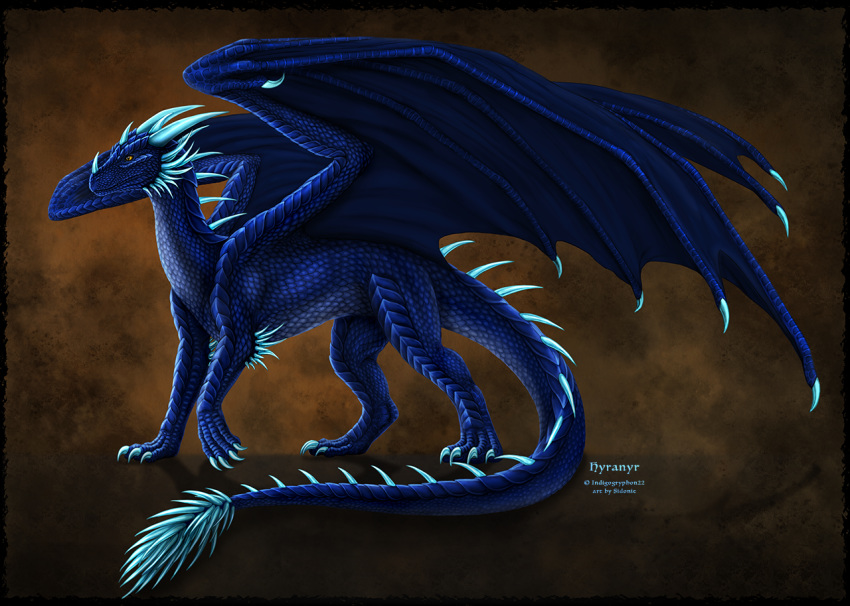 2018 amber_eyes blue_scales claws digital_media_(artwork) dragon feral horn membranous_wings scales scalie sidonie simple_background solo spines standing western_dragon wings