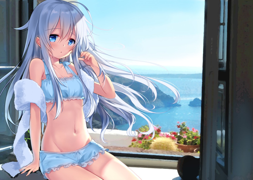 blue_bra blue_eyes blue_shorts blue_sky blush bra cinderella_bust collarbone cowboy_shot day eyebrows_visible_through_hair frilled_bra frilled_shorts frills gradient_sky groin hair_between_eyes hibiki_(kantai_collection) horizon island kantai_collection long_hair looking_at_viewer motohara_moka navel plant short_shorts shorts silver_hair sitting sky solo towel underwear underwear_only white_towel window