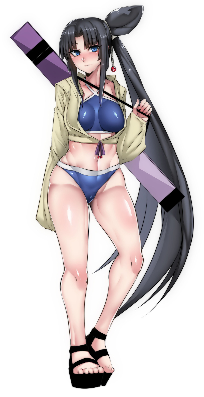 absurdres bangs bikini black_hair blue_bikini blue_eyes blush breasts collarbone commentary_request cropped_jacket eyebrows_visible_through_hair fate/grand_order fate_(series) full_body gggg groin hair_ribbon highres jacket jacket_over_swimsuit large_breasts long_hair long_sleeves looking_at_viewer navel nose_blush open_clothes open_jacket parted_bangs ribbon sandals shiny shiny_hair shiny_skin side_ponytail standing swimsuit thighs ushiwakamaru_(fate/grand_order) ushiwakamaru_(swimsuit_assassin)_(fate) very_long_hair white_background yellow_jacket