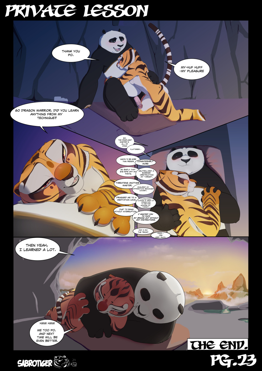 2018 after_sex anthro bear blush comic dialogue duo english_text eyes_closed feline female hug kung_fu_panda male mammal master_tigress panda penis po sabrotiger text tiger
