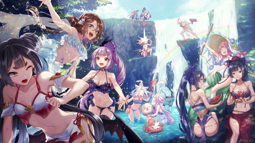 3boys 6+girls :d ;o ahoge armband ass ball beachball bikini black_bikini black_hair blue_skin blue_sky braid breasts brown_eyes brown_hair character_request cleavage cliff day double_bun eye_contact fish flower food fruit hair_flower hair_ornament hat higanbana_(onmyoji) high_ponytail holding_stick horns ibaraki_(onmyoji) ichimoku_ren innertube itsumade_(onmyoji) kachou_fuugetsu_(onmyoji) kaguya_(onmyoji) kingyo_hime_(onmyoji) kota_uro leaning_forward long_hair looking_at_another looking_at_viewer medium_breasts minamoto_no_hiromasa momo_(onmyoji) morning_glory multiple_boys multiple_girls navel nekookami official_art one_eye_closed onmyoji open_mouth outdoors pink_hair ponytail purple_hair rainbow red_eyes shuten_douji_(onmyoji) silver_hair sky small_breasts smile summer sun_hat swimsuit very_long_hair wading water water_gun waterfall watermelon white_bikini white_hair wings xixue_ji ying_grass