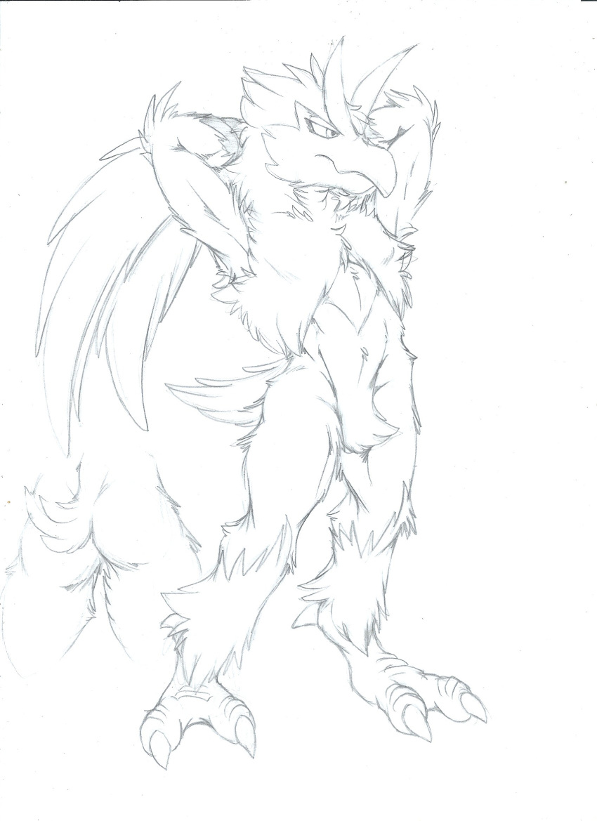 2018 3_toes anthro anthrofied avian beak biped bird blaziken butt butt_shot claws close-up crotch_tuft feather_tuft feathers fluffy front_view frown full-length_portrait greyscale hair half-closed_eyes hands_behind_head head_tuft hi_res hopelesshighschool horn jagged_mouth long_hair male monochrome multiple_poses muscular muscular_male neck_tuft nintendo nude pencil_(artwork) pigtails pok&eacute;mon pok&eacute;mon_(species) pok&eacute;morph portrait pose raised_arm simple_background solo standing tail_feathers talons toe_claws toes toothed_beak traditional_media_(artwork) tuft video_games white_background