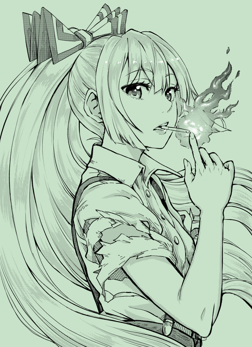 absurdres bangs bow buttons cigarette collared_shirt commentary_request eyebrows_visible_through_hair fire from_side fujiwara_no_mokou green green_background hair_bow highres long_hair looking_at_viewer monochrome natsushiro ponytail shirt simple_background smoking solo suspenders torn_clothes torn_sleeves touhou upper_body