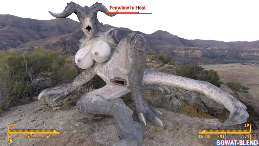 2018 3d_(artwork) anthro big_breasts breasts claws deathclaw digital_media_(artwork) fallout female horn looking_at_viewer mammal nipples nude open_mouth outside pussy scalie solo sowat-blend spread_legs spreading toe_claws video_games