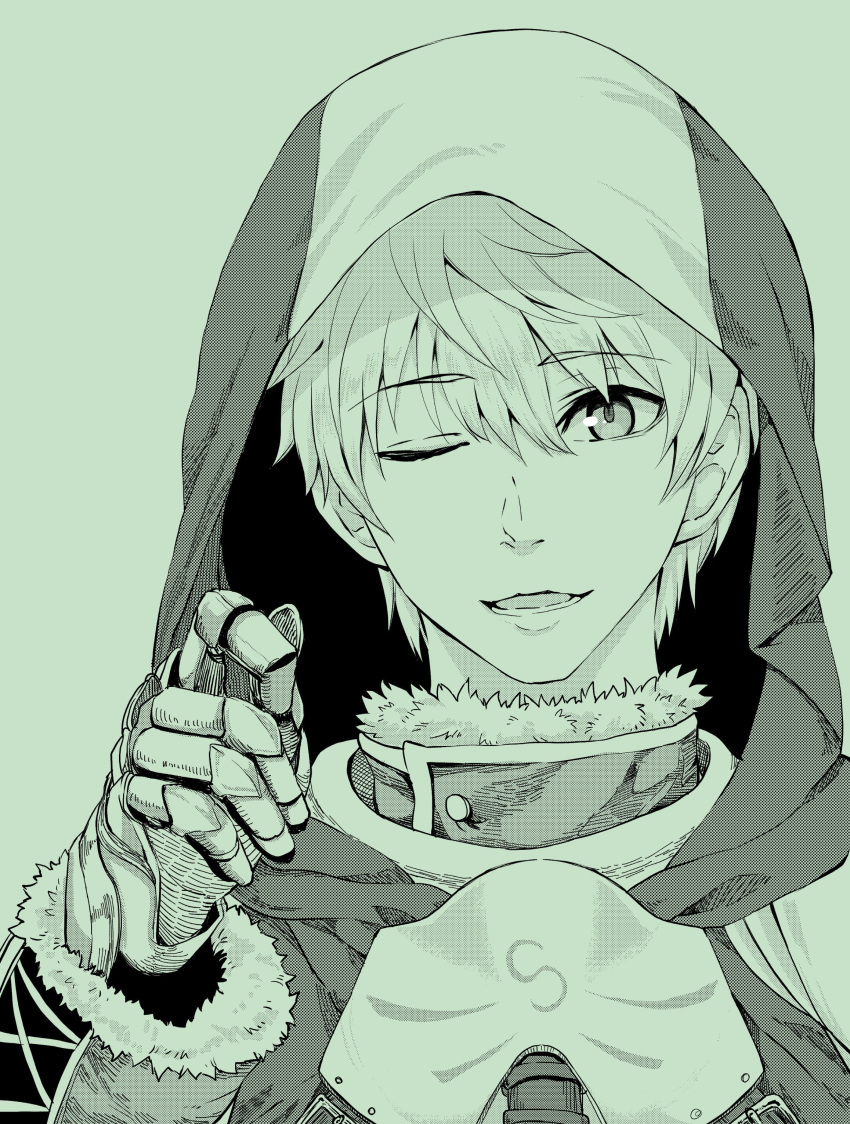 absurdres arthur_pendragon_(fate) bangs commentary_request eyebrows_visible_through_hair fate/grand_order fate_(series) green green_background hair_between_eyes hand_up highres hood hood_up looking_at_viewer male_focus monochrome natsushiro one_eye_closed open_mouth portrait simple_background solo