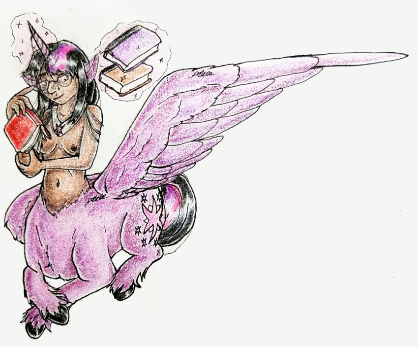 areola azkre book breasts centaur dark_skin equine equine_taur eyewear female friendship_is_magic fur glasses hair horn humanoid jewelry long_hair lying mammal my_little_pony nipples nude purple_fur smile solo taur traditional_media_(artwork) twilight_sparkle_(mlp) winged_unicorn wings