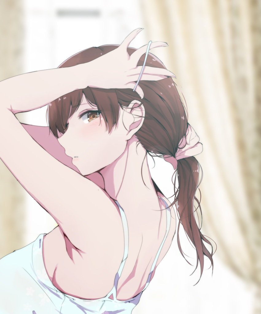 blush breasts brown_eyes brown_hair commentary_request dutch_angle from_side hairdressing highres idolmaster idolmaster_cinderella_girls large_breasts long_hair looking_at_viewer nitta_minami ryuu. shoulder_blades sideboob solo upper_body