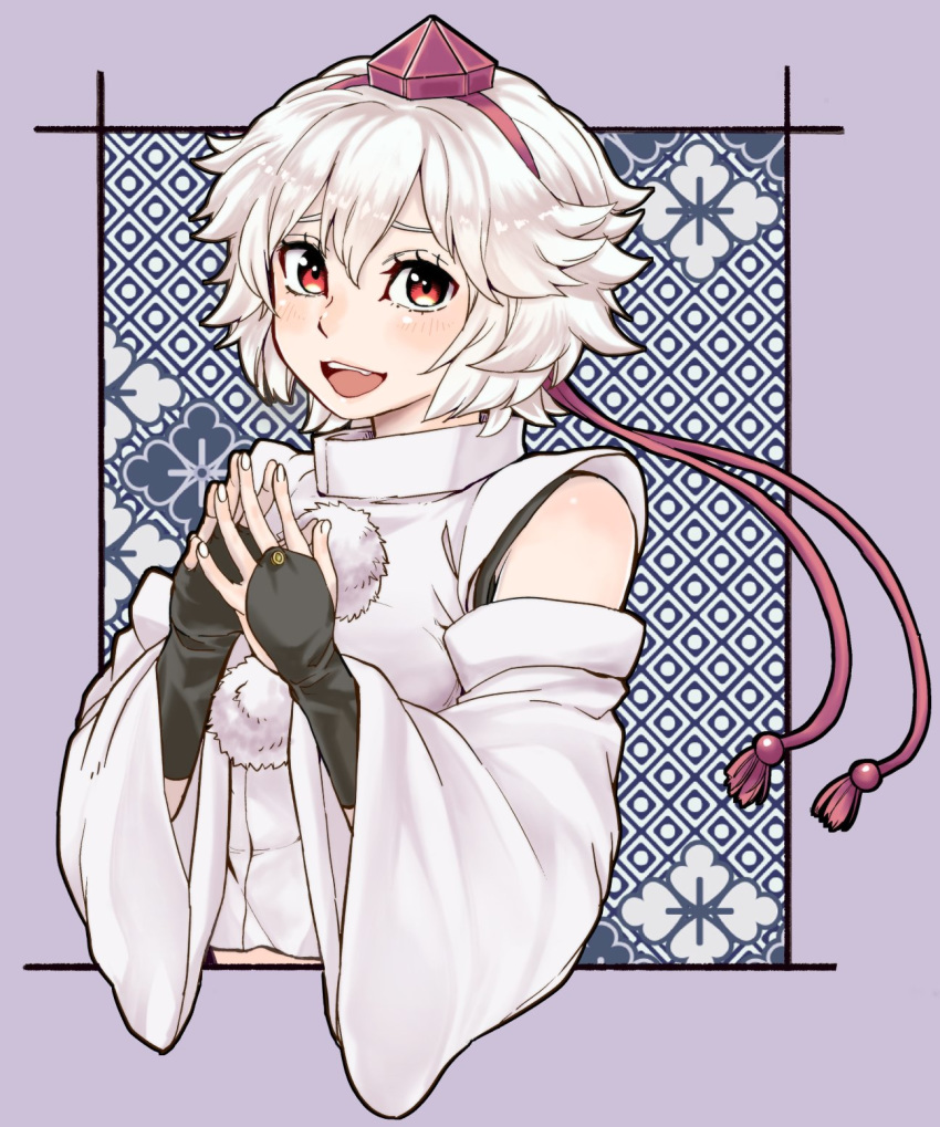 :d blush bridal_gauntlets brown_eyes commentary_request detached_sleeves fingers_together hat highres inubashiri_momiji long_sleeves looking_at_viewer natsushiro open_mouth pom_pom_(clothes) short_hair smile solo tokin_hat touhou upper_body white_hair wide_sleeves