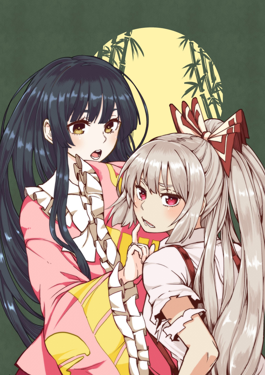 absurdres bamboo bangs black_hair blush bow commentary_request fujiwara_no_mokou hair_bow highres houraisan_kaguya long_hair long_sleeves looking_at_viewer looking_back multiple_girls natsushiro open_mouth ponytail red_eyes revision sidelocks sleeves_past_fingers sleeves_past_wrists suspenders torn_clothes torn_sleeves touhou wide_sleeves yellow_eyes