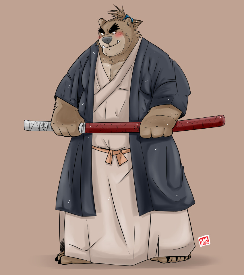 2018 anthro bear blush brown_fur clothed clothing fur kamui_shirow male mammal melee_weapon overweight overweight_male simple_background solo sword weapon