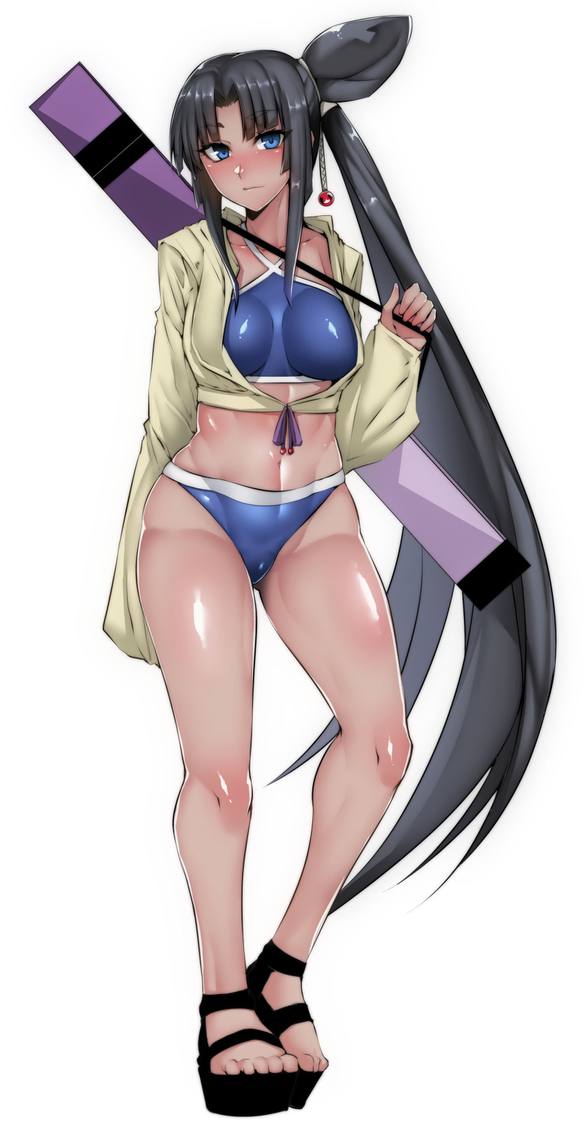 absurdres bangs bikini black_hair blue_bikini blue_eyes blush breasts collarbone cropped_jacket eyebrows_visible_through_hair fate/grand_order fate_(series) full_body gggg groin hair_ribbon highres jacket jacket_over_swimsuit large_breasts long_hair long_sleeves looking_at_viewer navel nose_blush open_clothes open_jacket parted_bangs ribbon sandals shiny shiny_hair shiny_skin side_ponytail standing swimsuit tan thighs ushiwakamaru_(fate/grand_order) ushiwakamaru_(swimsuit_assassin)_(fate) very_long_hair white_background yellow_jacket