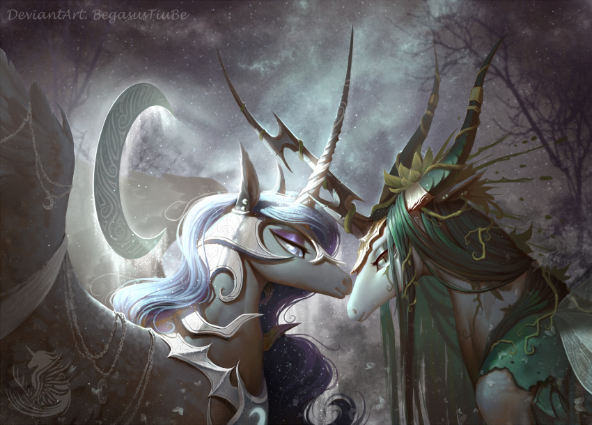 2018 armor begasuslu changeling duo equine feathered_wings feathers female feral friendship_is_magic hair helmet horn jewelry mammal my_little_pony necklace night nightmare_moon_(mlp) outside queen_chrysalis_(mlp) royalty tree winged_unicorn wings