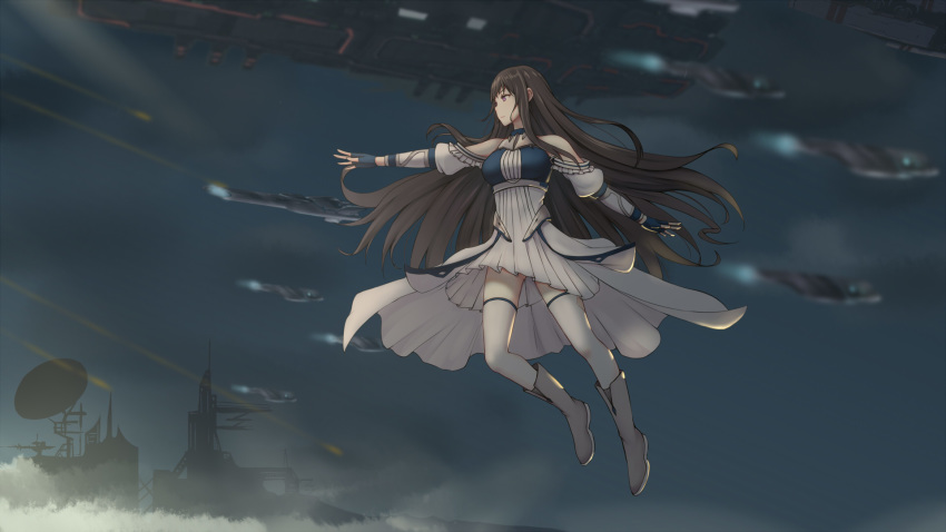 1girl blue_gloves boots brown_eyes brown_hair dress dylannn fingerless_gloves floating_hair full_body gloves grey_footwear highres long_hair original outstretched_arm pleated_dress science_fiction short_dress shoulder_cutout solo thighhighs very_long_hair white_dress white_legwear