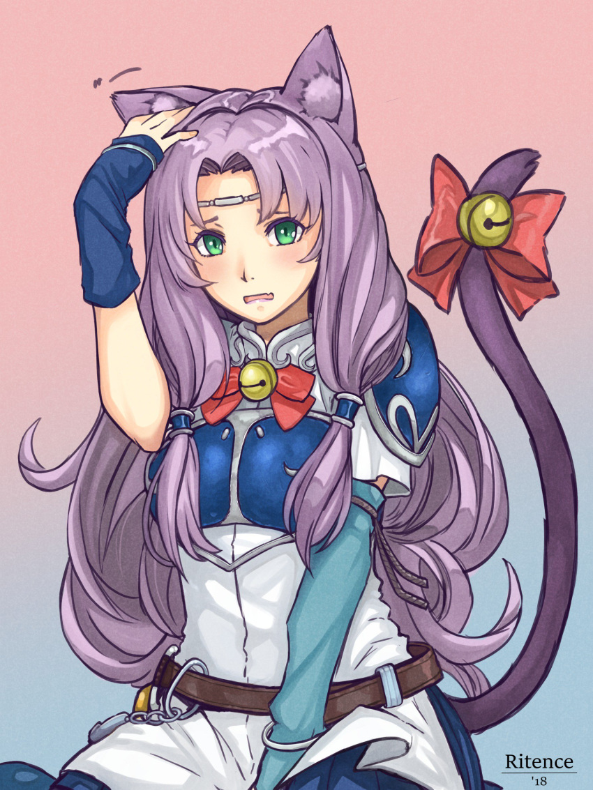 animal_ear_fluff animal_ears artist_name bell belt blush bow bracelet breastplate brown_belt cat_ears cat_tail commentary_request fire_emblem fire_emblem:_rekka_no_ken florina green_eyes hand_on_head highres jewelry long_hair open_mouth purple_hair red_bow ritence shoulder_armor solo tail