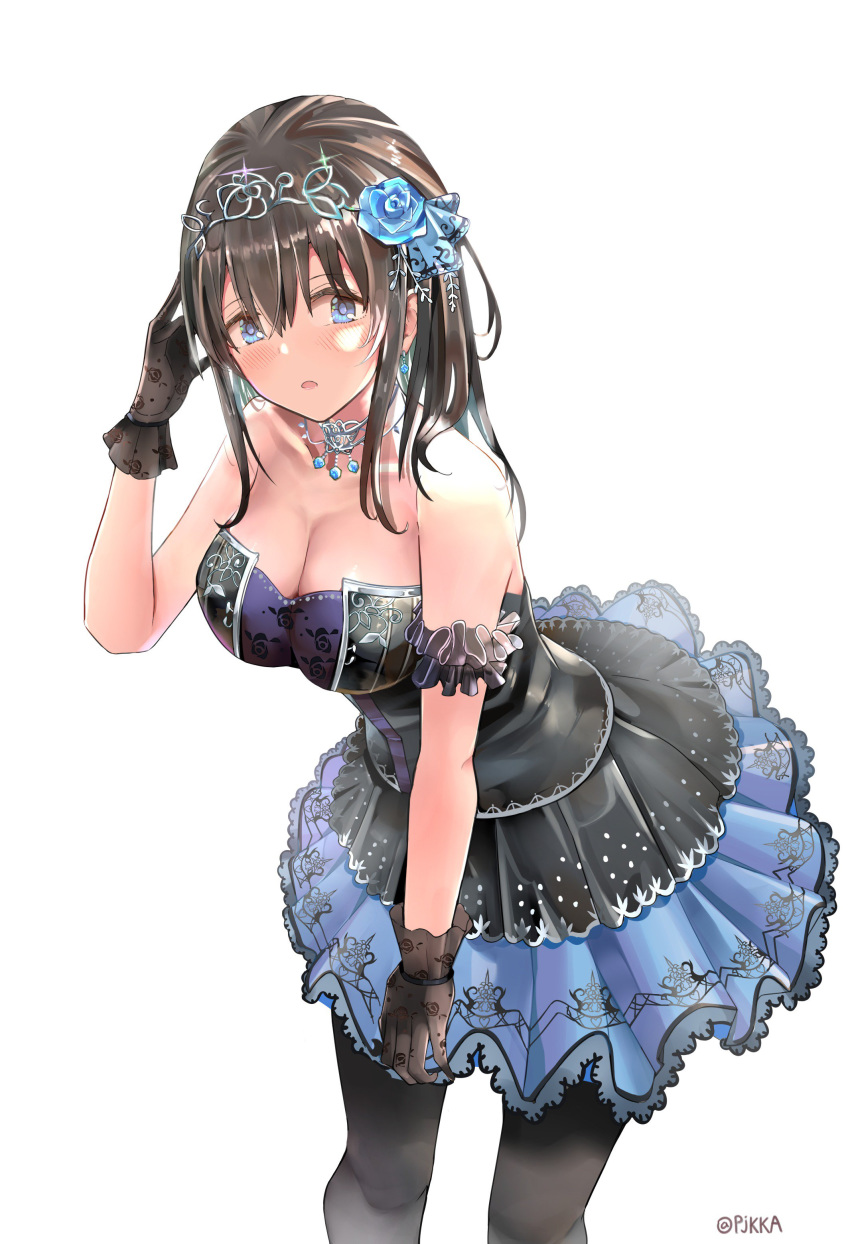 1girl absurdres bare_shoulders black_gloves black_hair black_legwear blue_dress blue_eyes blue_flower blue_rose breasts cleavage commentary_request cowboy_shot dress flower frilled_armband frills gloves hair_between_eyes hair_flower hair_ornament hairband highres idolmaster idolmaster_cinderella_girls idolmaster_cinderella_girls_starlight_stage jewelry large_breasts long_hair looking_at_viewer necklace pendant pjkka rose sagisawa_fumika solo strapless strapless_dress white_background