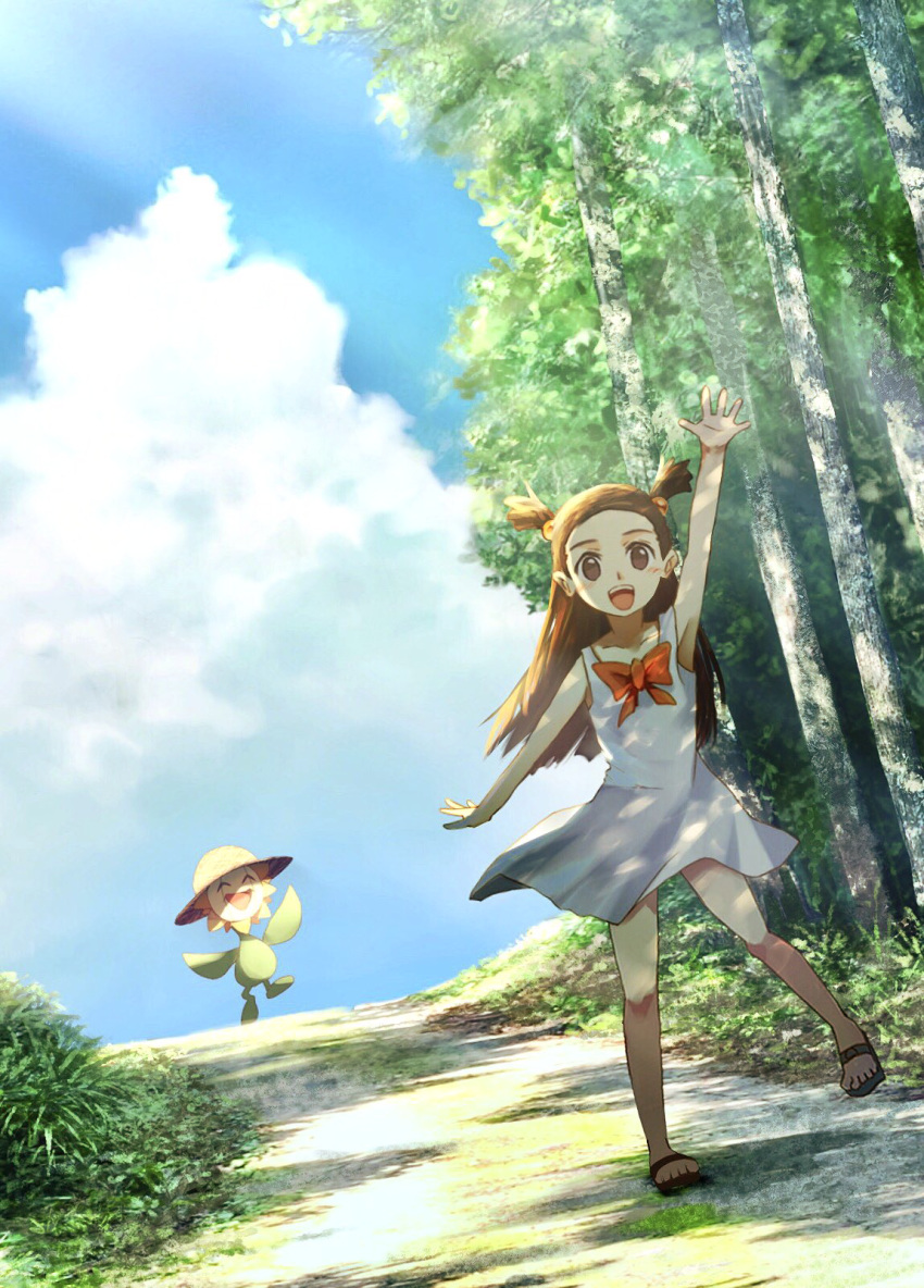 :d arm_up blue_sky blush bow bowtie brown_eyes brown_hair cloud day dress floating_hair highres long_hair looking_at_viewer mikan_(pokemon) open_mouth orange_bow outdoors pokemon pokemon_(game) pokemon_hgss ribero short_dress sky sleeveless sleeveless_dress smile standing standing_on_one_leg sundress sunflora sunlight tree two_side_up very_long_hair white_dress