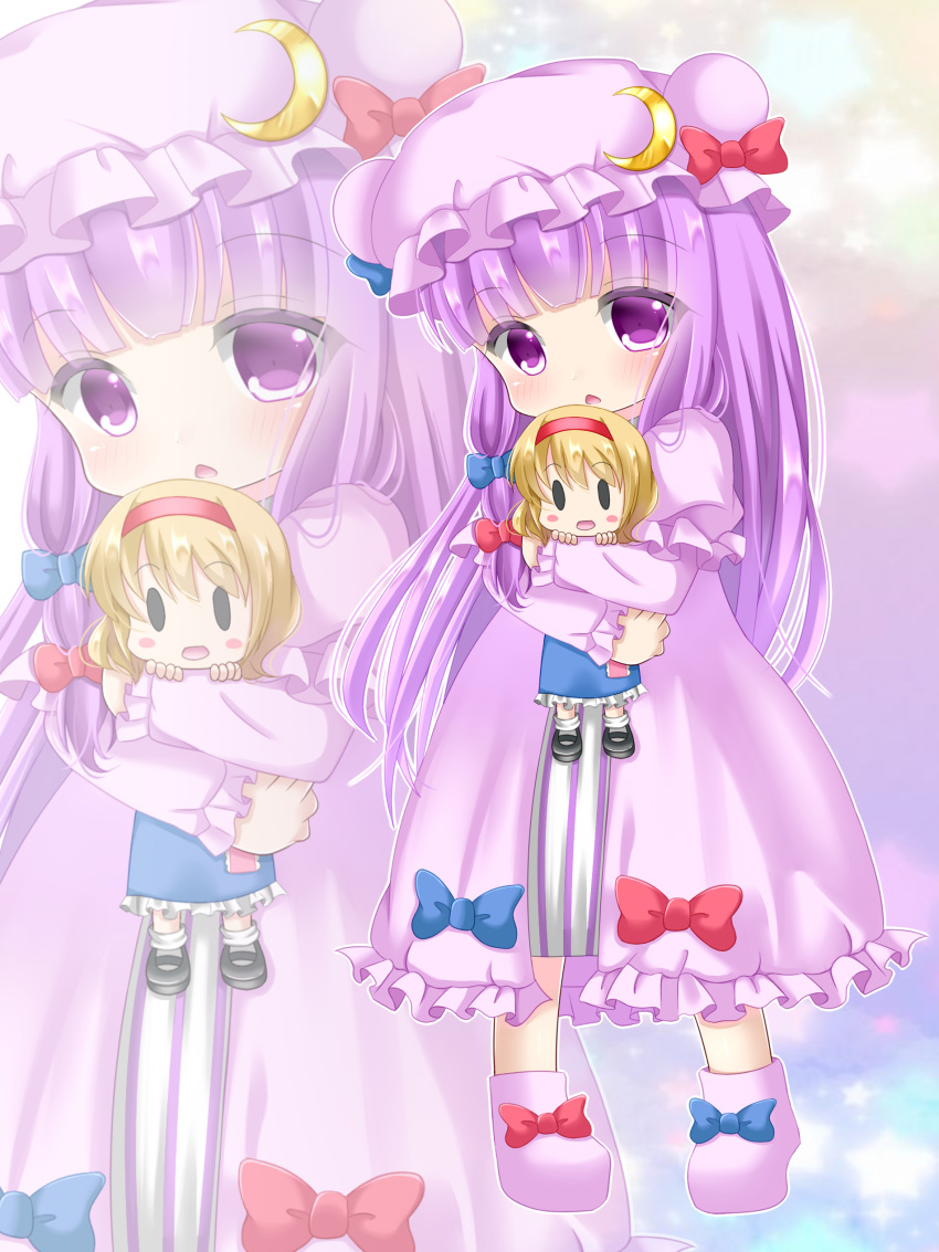 absurdres alice_margatroid blue_bow blush bow braid bright_background chibi commentary_request crescent crescent_moon_pin eyebrows_visible_through_hair full_body hat headband highres hug long_hair looking_at_viewer multiple_girls open_mouth patchouli_knowledge purple_eyes purple_hair red_bow star touhou twin_braids yukina_kurosaki zoom_layer