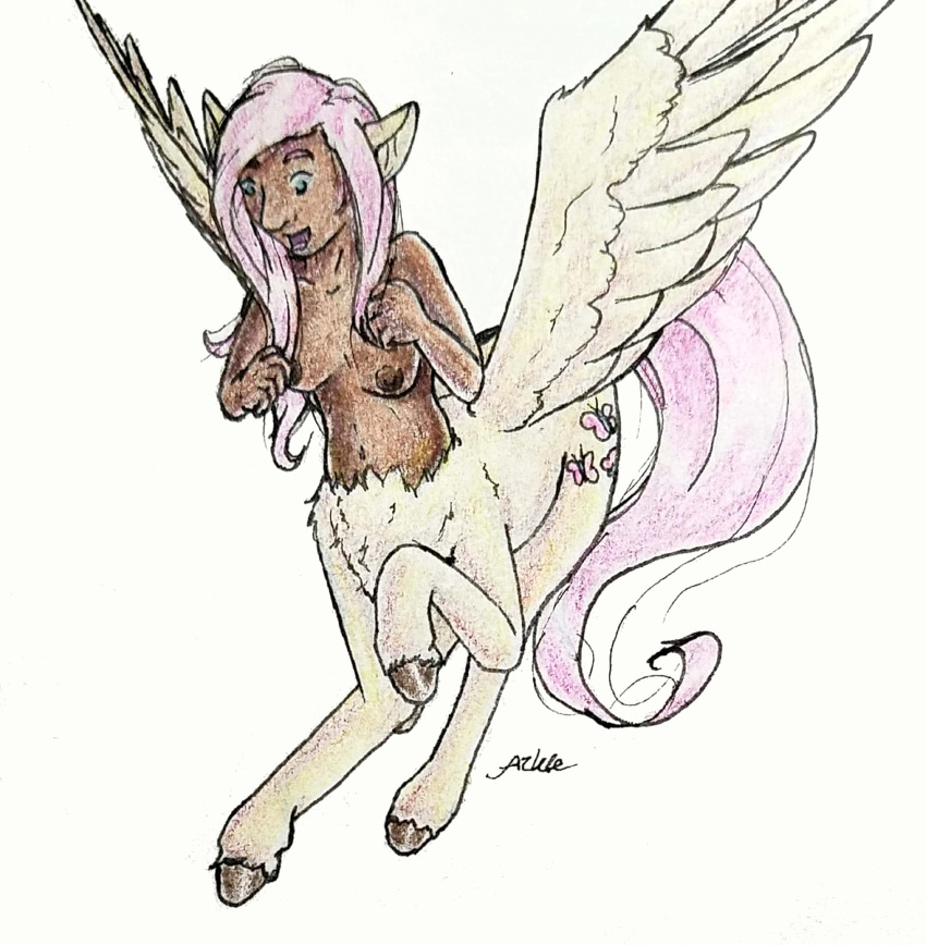 areola azkre blush breasts centaur dark_skin equine equine_taur female fluttershy_(mlp) flying friendship_is_magic fur hair humanoid long_hair mammal my_little_pony nipples nude open_mouth pegasus pink_hair smile solo taur traditional_media_(artwork) wings yellow_fur