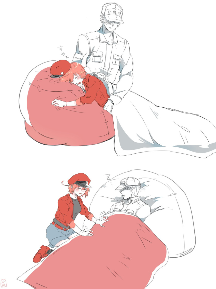 1girl ae-3803 bean_bag_chair blanket cabbie_hat collared_shirt daifuku_(mamamaran) hat hataraku_saibou highres jacket red_blood_cell_(hataraku_saibou) red_hair red_jacket shirt sleeping u-1146 uniform white_blood_cell_(hataraku_saibou) white_hair white_hat